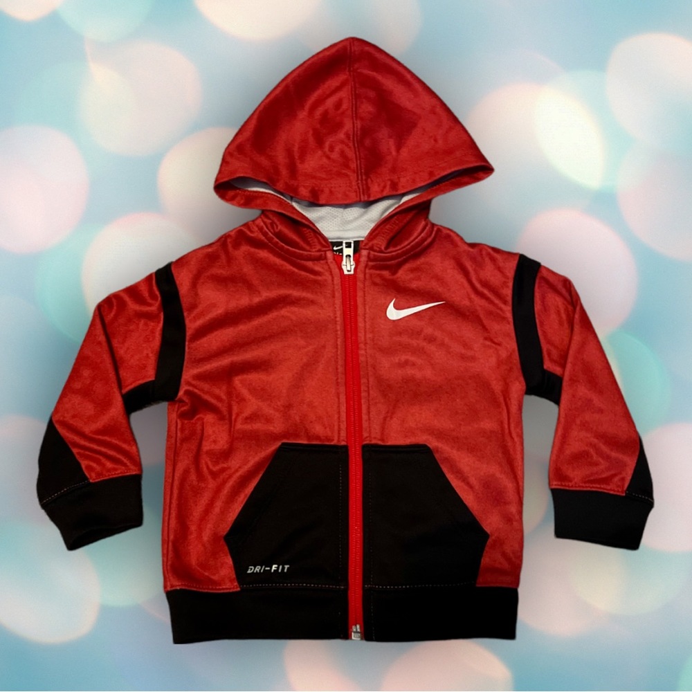 Nike Dri-Fit Baby Boy’s Red Black Zip Sweatshirt Hoodie Size 18 Months - Picture 2 of 4
